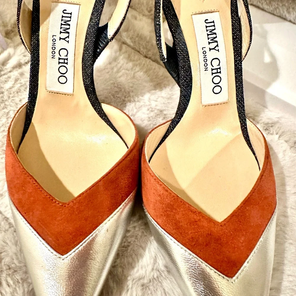 Jimmy Choo Silver, brown, and denim heels - Picture 2 of 4